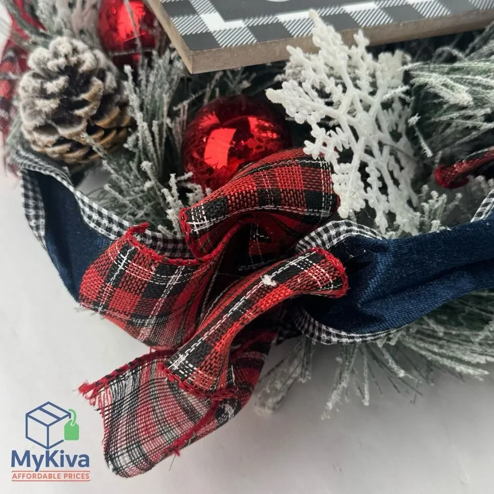 Christmas Wreath Front Door Decor 18 Inch Artificial Flowers Plaid Ribbon Sign